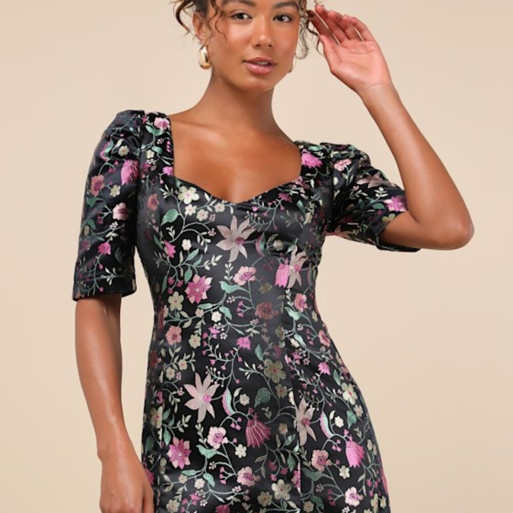 Lulus Black Floral Puff Sleeve Dress